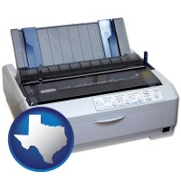 texas map icon and a vintage, dot matrix printer