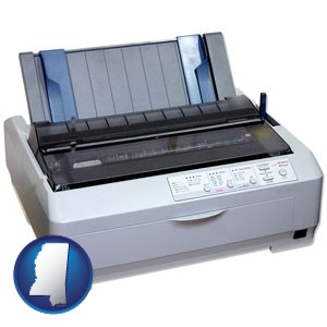 a vintage, dot matrix printer - with Mississippi icon